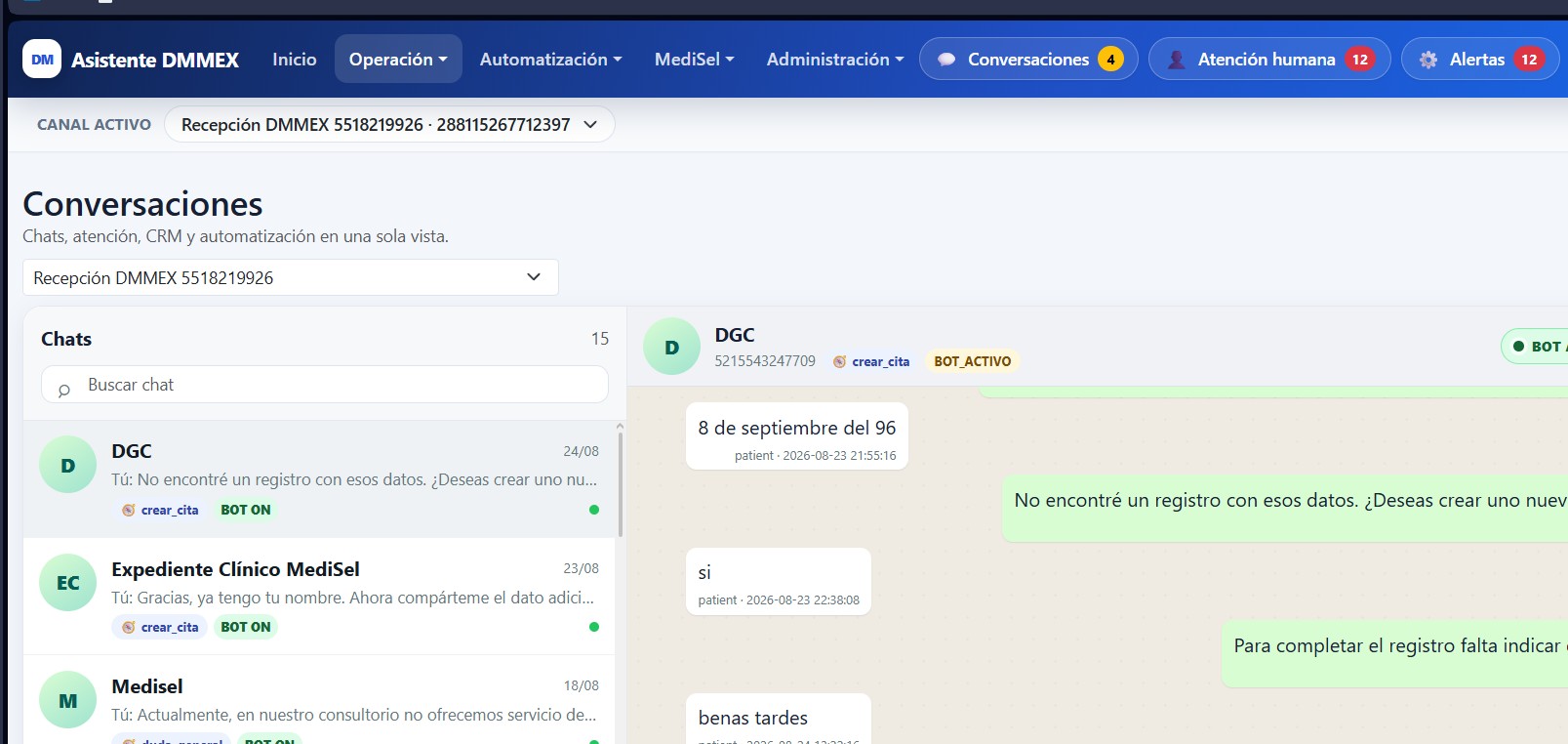 Panel DMMEX de conversaciones de WhatsApp con chat, atención humana y CRM